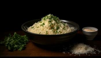 à la vapeur basmati riz, Frais coriandre, et en bonne santé végétarien le déjeuner généré par ai photo