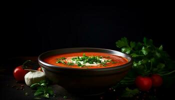 Frais légume soupe avec persil, tomate, et biologique Ingrédients généré par ai photo