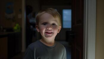 une mignon, souriant caucasien garçon, plein de joie et innocence généré par ai photo