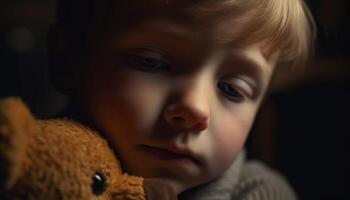 mignonne caucasien enfant avec nounours ours, innocence et bonheur généré par ai photo