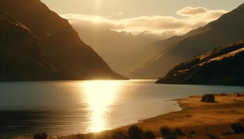 majestueux Montagne intervalle reflète tranquille le coucher du soleil sur l'eau généré par ai photo