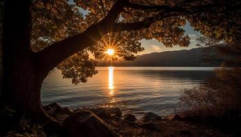 tranquille scène le coucher du soleil plus de eau, reflétant l'automne beauté dans la nature généré par ai photo