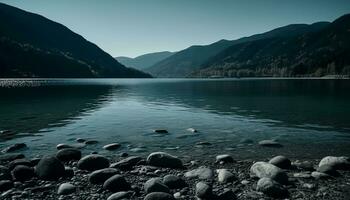 tranquille scène de une Montagne intervalle reflétant dans clair l'eau généré par ai photo