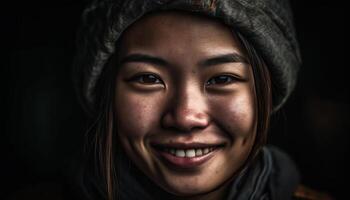 souriant Jeune femme, à la recherche à caméra, exsudant beauté et bonheur généré par ai photo