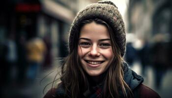 souriant Jeune femme en plein air, à la recherche à caméra généré par ai photo