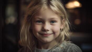 souriant enfant portrait, mignonne caucasien fille à la recherche à caméra Heureusement généré par ai photo