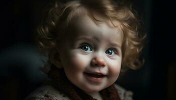 mignonne enfant souriant, portrait de une caucasien bébé, de bonne humeur bonheur généré par ai photo