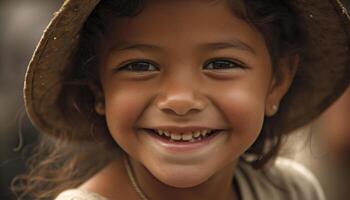 souriant enfant, bonheur, de bonne humeur portrait, mignonne proche en haut, joyeux en plein air généré par ai photo