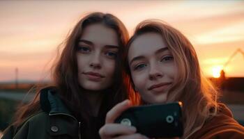 deux Jeune adulte femelles souriant en plein air à coucher de soleil, prise une selfie généré par ai photo