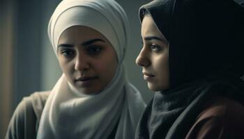 Jeune adulte femmes dans hijab, à la recherche à caméra avec spiritualité généré par ai photo