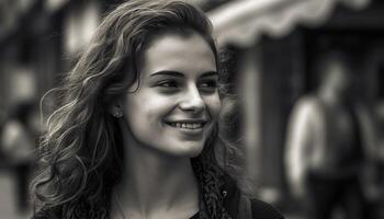 souriant Jeune femme en plein air, portrait de une magnifique caucasien femelle généré par ai photo