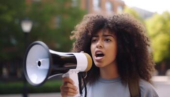 Jeune africain femme souriant et en criant avec une mégaphone en plein air généré par ai photo