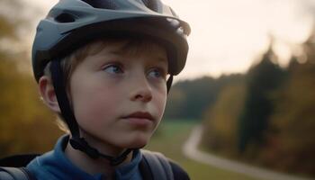 une mignonne caucasien garçon cyclisme dans le forêt, profiter la nature généré par ai photo