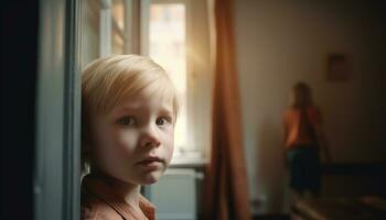 une mignonne blond bambin à la recherche par fenêtre, reflétant innocence et curiosité généré par ai photo