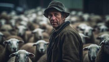 une souriant agriculteur élevage bétail sur une neigeux rural ferme généré par ai photo