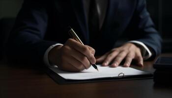 une occupé homme d'affaire séance à bureau, signature important les documents généré par ai photo