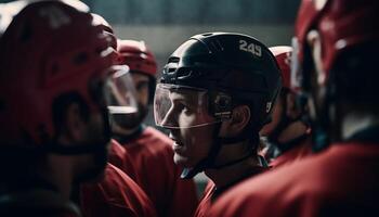 une groupe de compétitif les athlètes dans des sports uniformes, casques, et chapellerie généré par ai photo