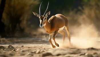 ongulé mammifère fonctionnement dans le région sauvage, gazelle à la recherche à caméra généré par ai photo