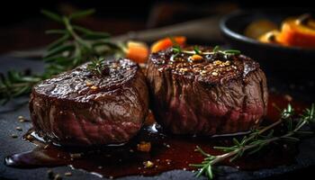 grillé steak, juteux filet, cuit rare, rustique plaque, prêt à manger repas généré par ai photo