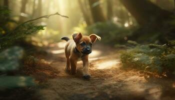 mignonne chiot en jouant dans le herbe, profiter le été lumière du soleil généré par ai photo