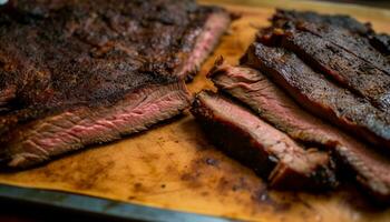 grillé steak, juteux et rare, prêt à manger sur rustique Coupe planche généré par ai photo