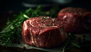 fraîcheur et pimenter améliorer le gourmet steak sur le rustique bois généré par ai photo