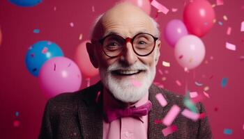 souriant adulte homme d'affaire en portant des ballons, célébrer anniversaire avec joyeux expression généré par ai photo