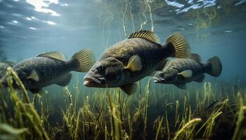 sous-marin poisson nager dans une bleu mer, mettant en valeur Naturel beauté généré par ai photo