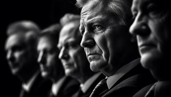 noir et blanc portrait de sérieux adulte les hommes d'affaires permanent en plein air généré par ai photo