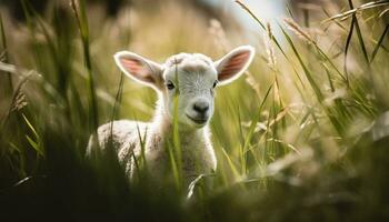 mignonne agneau pâturage dans vert prairie, entouré par la nature beauté généré par ai photo