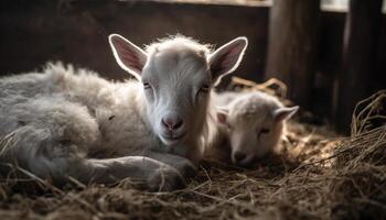 mignonne Jeune agneau pâturage dans une prairie, innocence dans la nature généré par ai photo