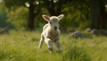 mignonne agneau pâturage sur vert herbe dans le rural Prairie généré par ai photo