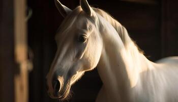 magnifique cheval pâturage dans une paisible Prairie en dessous de le le coucher du soleil généré par ai photo