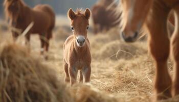 Jeune cheval pâturage dans une prairie, entouré par une troupeau généré par ai photo