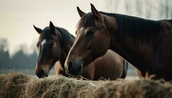 cheval cultiver, la nature beauté, étalon et jument pâturage dans Prairie généré par ai photo