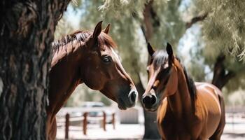 cheval pâturage dans prairie, ferme animaux profiter la nature en plein air généré par ai photo