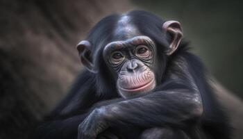 mignonne singe séance dans le forêt, regarder avec vert yeux généré par ai photo