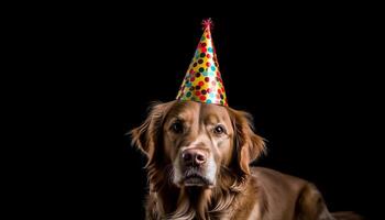 mignonne chiot fête anniversaire avec amis, entouré par décorations généré par ai photo