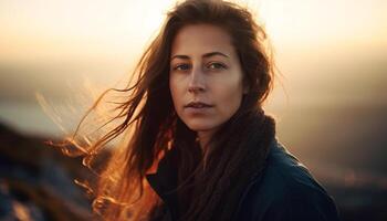 Jeune femme profiter le coucher de soleil, souriant, insouciant, et à la recherche à caméra généré par ai photo