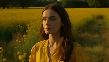 Jeune femme dans une prairie, profiter la nature beauté et sérénité généré par ai photo