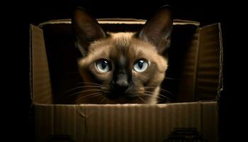 mignonne chaton avec bleu yeux, séance dans une boîte, regarder généré par ai photo