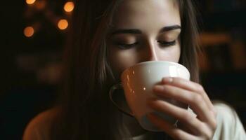 Jeune femme profiter une chaud café dans une confortable Accueil généré par ai photo