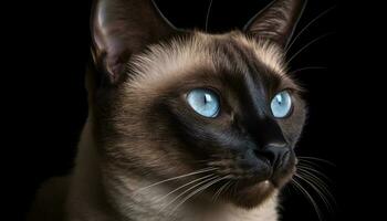 mignonne chaton en regardant, duveteux fourrure, bleu yeux, noir arrière-plan, proche en haut généré par ai photo