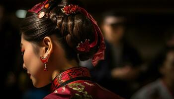 magnifique Jeune femme dans traditionnel vêtements, souriant, à la recherche à fleur généré par ai photo