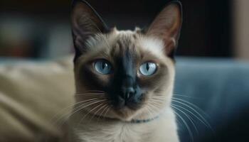 mignonne chaton séance, regarder avec bleu yeux, duveteux fourrure, espiègle généré par ai photo