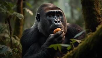 une mignonne singe séance dans le forêt, à la recherche à caméra généré par ai photo