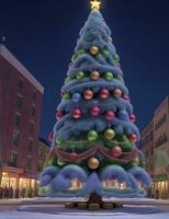 une gros grand animation style Noël arbre dans une neigeux centre ville dans le nuit, ai généré photo