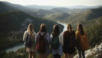 Jeune adultes randonnée dans le montagnes, profiter le l'automne paysage généré par ai photo