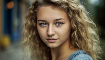 un magnifique femme avec longue blond cheveux souriant à caméra généré par ai photo