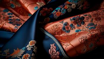 coloré soie tapisserie avec complexe floral broderie, représentant est asiatique culture généré par ai photo